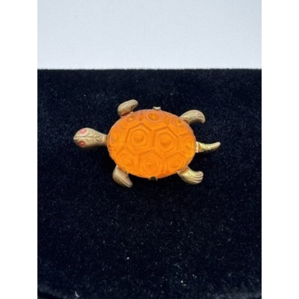 Antique Germany Turtle Art Deco Pin Brooch Bright Orange Color And Brass